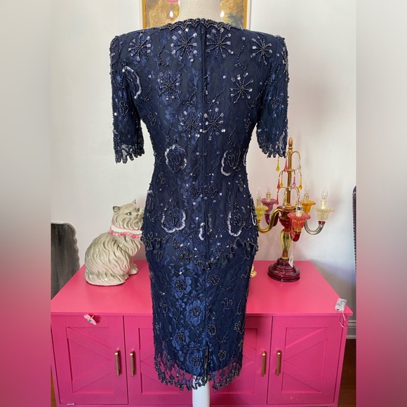 VTG SCALA NAVY BLUE BEADED EVENING GOWN DRIPPY HEM SEQUINED PS PETITE SMALL - Picture 8 of 12